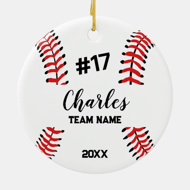 Baseball Ball Player | Custom Name Number & Team Ceramic Ornament (Back)
