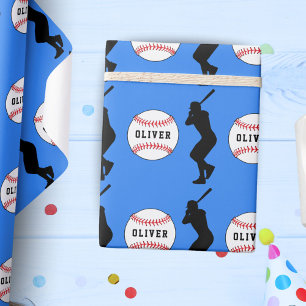 Baseball Ball Player Kids Name Birthday Blue Wrapping Paper