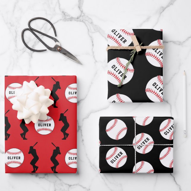 Baseball Ball Player Kids Name Birthday Wrapping Paper Sheet (Front)