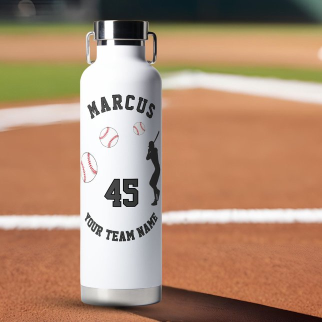 Baseball Ball Player Silhouette Name Team Number Water Bottle (Creator Uploaded)