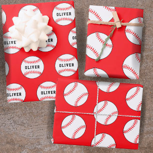 Baseball Ball Red Pattern Kids Name Birthday  Wrapping Paper Sheet