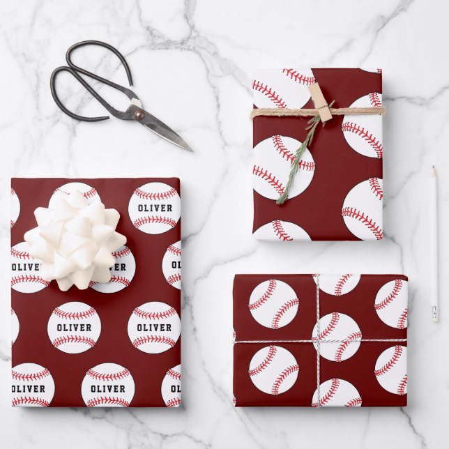 Baseball Ball Red Pattern Kids Name Birthday  Wrapping Paper Sheet (Front)