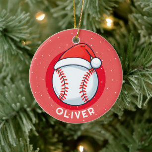 Baseball Ball Red Santa Hat Christmas Kid`s Name Ceramic Ornament