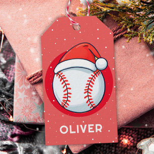Baseball Ball Red Santa Hat Christmas Kid`s Name Gift Tags