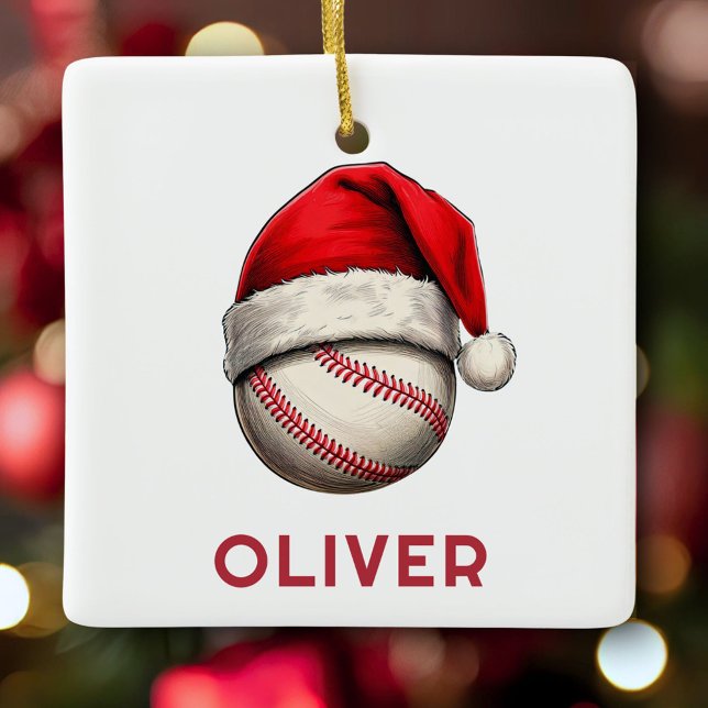 Baseball Ball Red Santa Hat Name Christmas  Ceramic Ornament (Creator Uploaded)