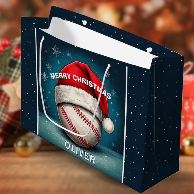 Baseball Ball Red Santa Hat Name Christmas  Large Gift Bag (Creator Uploaded)