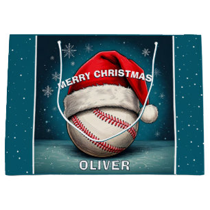 Baseball Ball Red Santa Hat Name Christmas  Large Gift Bag