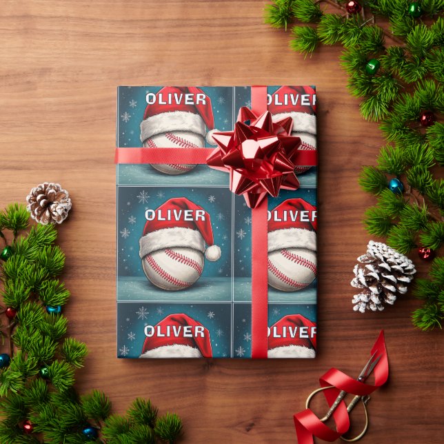 Baseball Ball Red Santa Hat Name Christmas  Wrapping Paper (Holiday Gift)