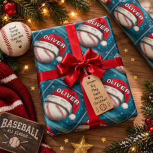 Baseball Ball Red Santa Hat Name Christmas  Wrapping Paper