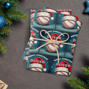Baseball Ball Red Santa Hat Name Christmas Wrapping Paper Sheet