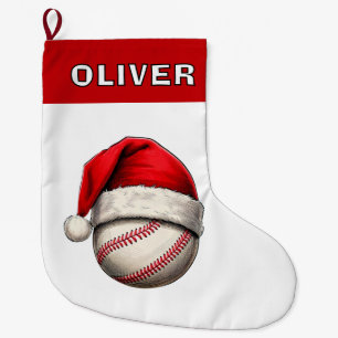 Baseball Ball Red Santa Hat Name Large Christmas Stocking