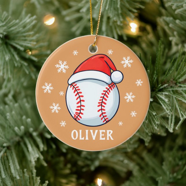 Baseball Ball Red Santa Hat Snowflake Name  Ceramic Ornament (Tree)