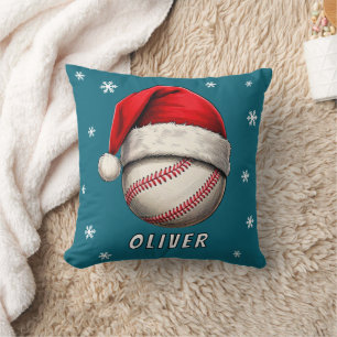 Baseball Ball Red Santa Hat Snowflakes Name Throw Pillow