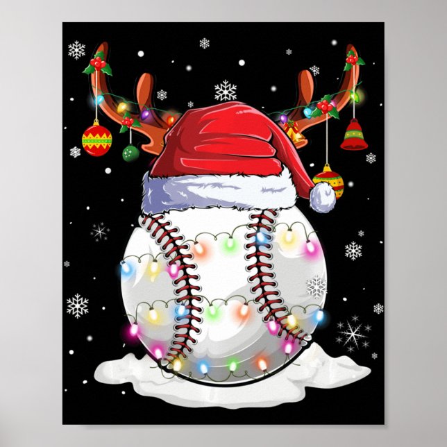 Baseball Ball Santa Hat Reindeer Christmas Lights  Poster (Front)