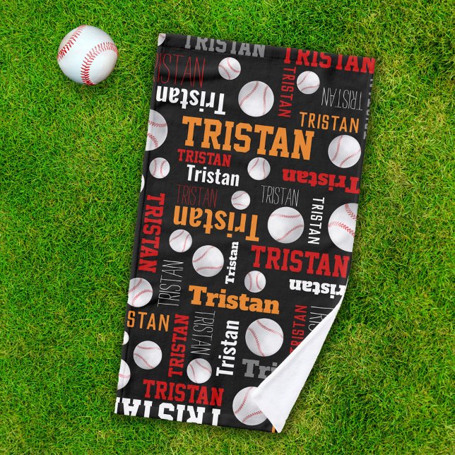 Baseball ball sport black orange white custom name hand towel (Creator Uploaded)