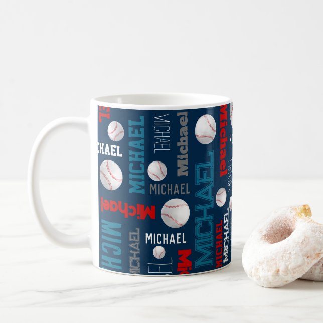 Baseball ball sports blue red white custom name  coffee mug (With Donut)