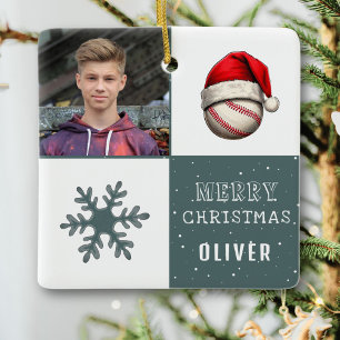 Baseball Ball with Santa Hat Snowflake Photo Ceramic Ornament