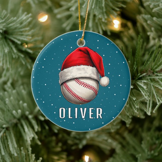 Baseball Ball with Santa Hat Snowflakes Ceramic Ornament (Tree)
