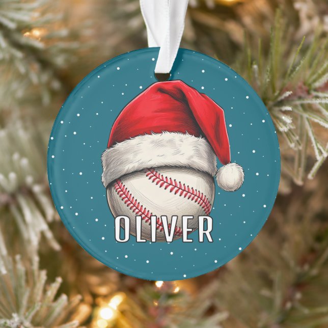 Baseball Ball with Santa Hat Snowflakes Name Ornament (Tree)