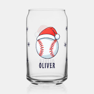 Baseball Ball with Santa Hat Sports Christmas Can Glass