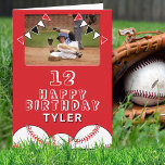 Baseball Balls Flags Kids Photo Birthday Card<br><div class="desc">Baseball Balls Flags Kids Photo Birthday Card. The design has baseball balls and birthday party bunting flags in red, black and white colours on red background. Add your photo and personalize it with your name, age and text and make your own birthday card. Great for boys and girls who love...</div>