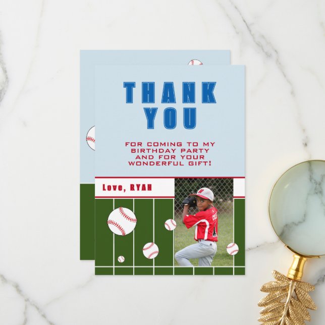 Baseball Balls Personalized Kids Birthday Photo  Thank You Card (Front/Back In Situ)