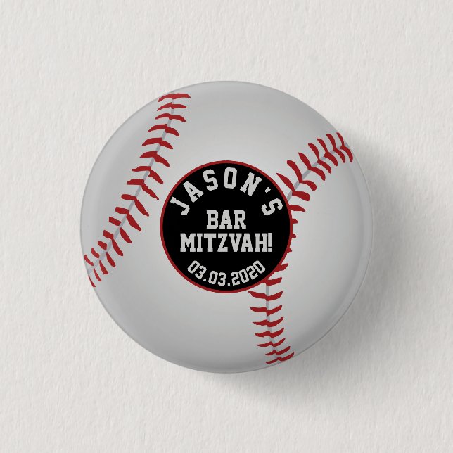 Baseball Bar Mitzvah Favour Button Red Black (Front)
