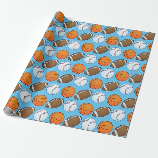 Baseball, Basketball and Football Themed Wrapping Paper (Unrolled)