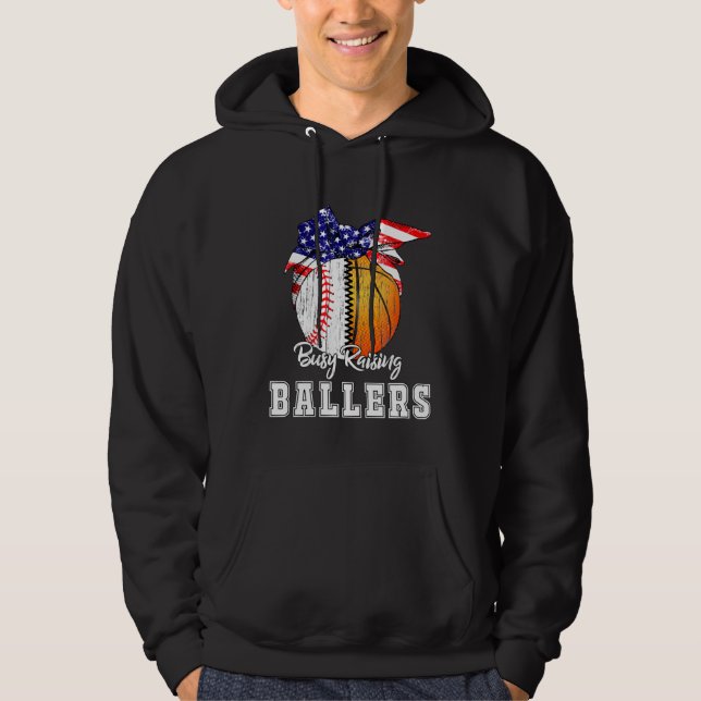 Baseball Basketball Mom Busy Raising Ballers Ameri Hoodie (Front)