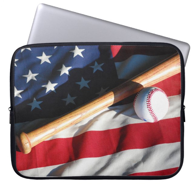 Baseball, Bat and American Flag Laptop Sleeve (Front)