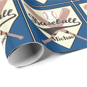 Baseball Bat And Ball Personalized Blue Gift Wrapping Paper