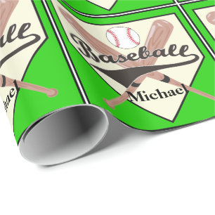 Baseball Bat And Ball Personalized Green Gift Wrapping Paper