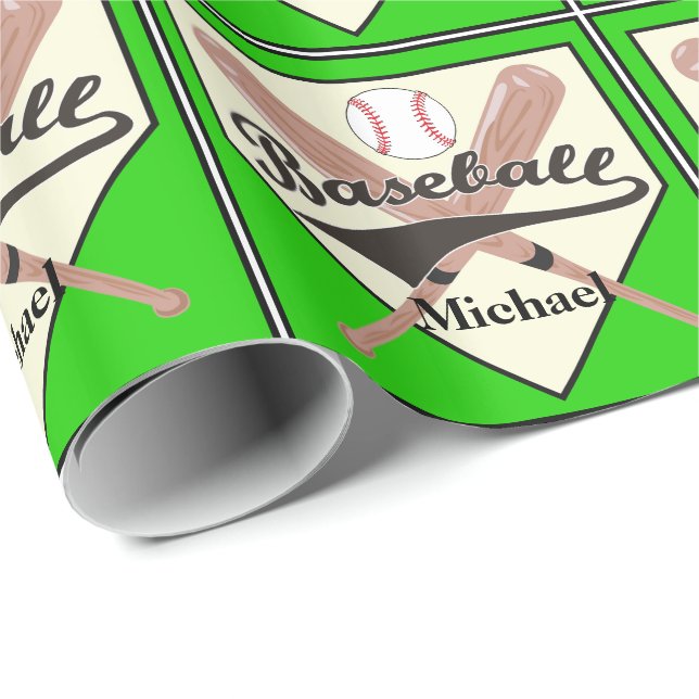 Baseball Bat And Ball Personalized Green Gift Wrapping Paper (Roll Corner)