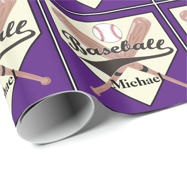 Baseball Bat And Ball Personalized Purple Gift Wrapping Paper (Roll Corner)