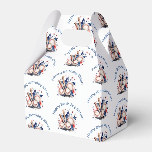 Baseball Bat Happy Birthday Name Pattern Kids Favor Box (Front Side)