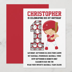 Baseball Batter Red White 1st Birthday Party Invitation