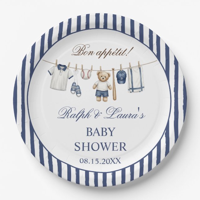 Baseball Bear Baby Shower  Paper Plate (Front)
