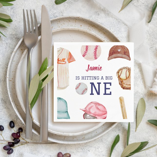 Baseball Big One Boy 1st Birthday Napkin (Hitting a Big One Baseball 1st Birthday Napkin)