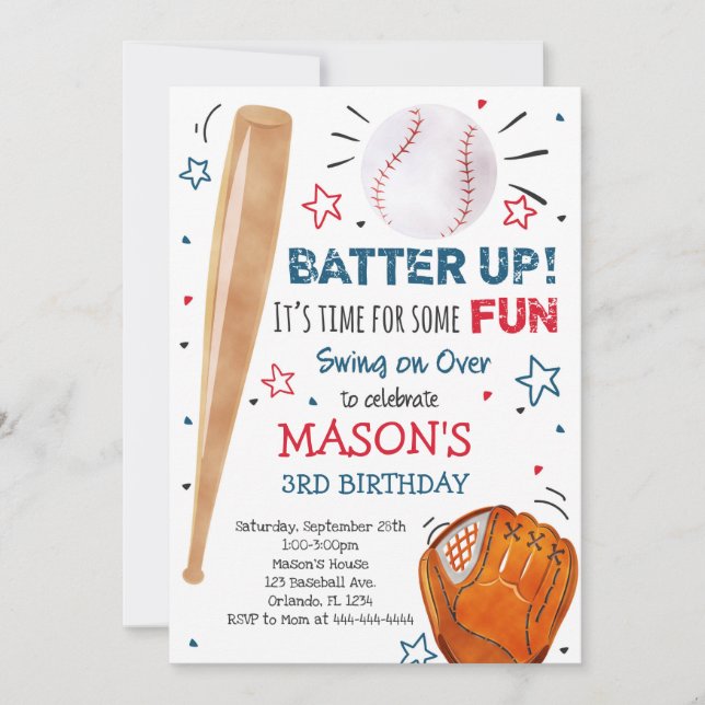 Baseball Birthday Invitation, Baseball Invites (Front)