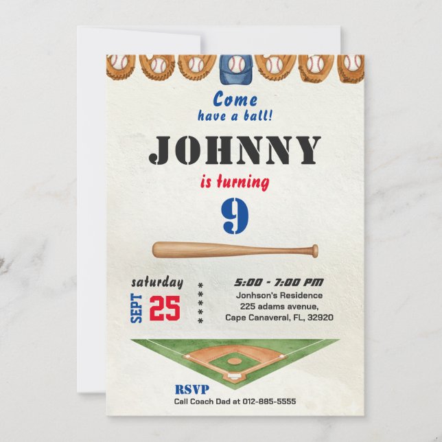 Baseball birthday invitation for boy (Devant)
