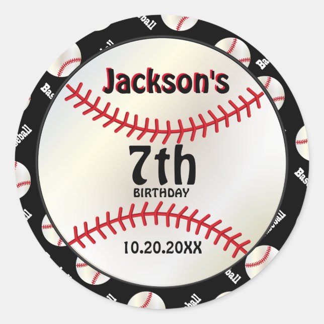 Baseball Birthday on Black | Personalize Classic Round Sticker (Front)