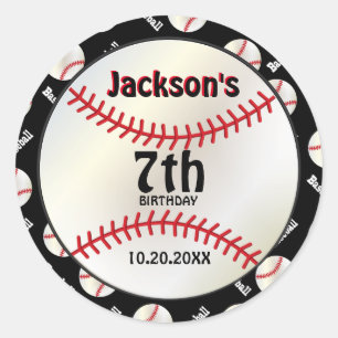 Baseball Birthday on Black Personalize Classic Round Sticker
