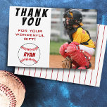 Baseball Birthday Photo Kids Baseball Thank You Card<br><div class="desc">Baseball birthday thank you card with photo, thank you message, name and baseball balls. The card is in white, red and black colour scheme. On the back of the card are red stripes on white. Photo thank you card - add your kids photo into the template. Personalize the card with...</div>