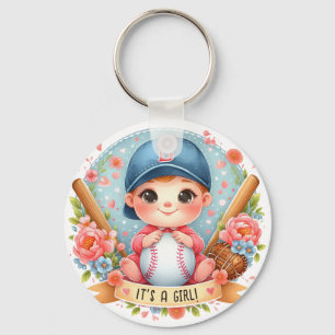 Baseball Bliss Baby Girl Announcement Floral Baby Keychain