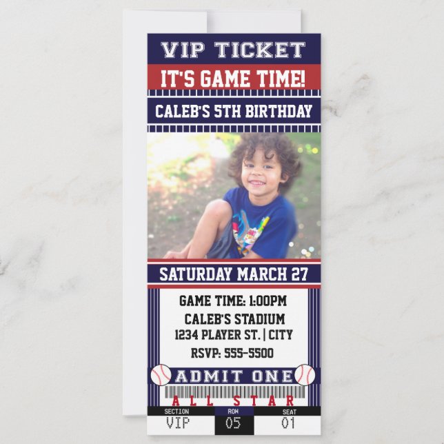 BASEBALL Blue & Maroon TICKET PHOTO Invitation (Devant)