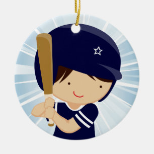 Baseball Boy Batter in Blue and White Ceramic Ornament
