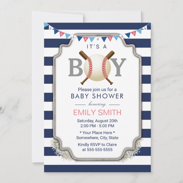 Baseball Boy Nautical Navy Stripes Baby Shower Invitation (Front)