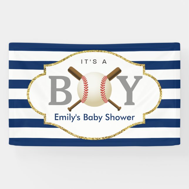 Baseball Boy Navy Blue Stripes Baby Shower Banner (Horizontal)