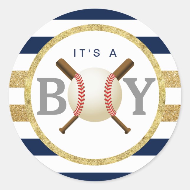 Baseball Boy Navy Blue Stripes Baby Shower Favour Classic Round Sticker (Front)