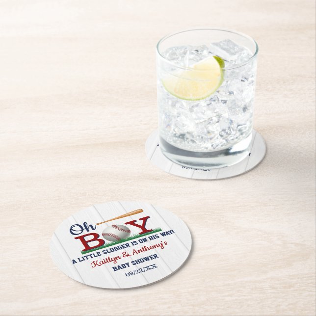 Baseball Boys Baby Shower Round Paper Coaster (Insitu)